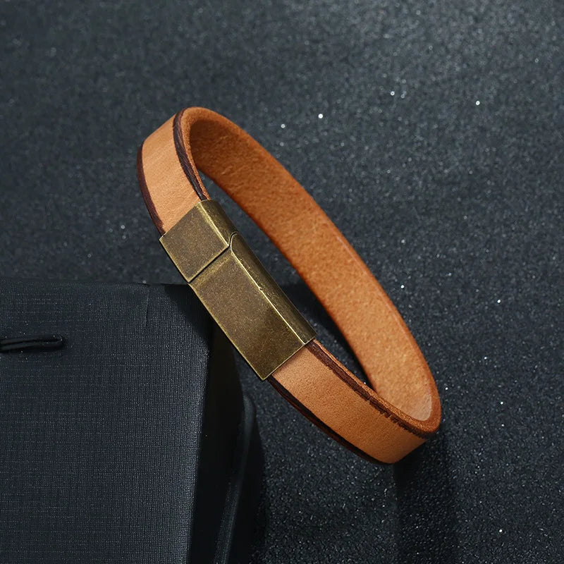 New Men Jewelry Punk Brown Braided Leather Bracelet for Men Stainless Steel Magnetic Clasp 20.5cm Bangles