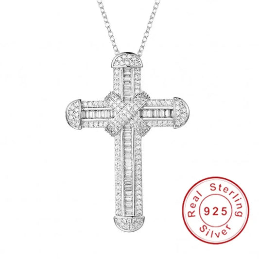 New 925 Silver Exquisite Bible Jesus Cross Pendant Necklace for Women Men Crucifix Charm Simulated Platinum Diamond Jewelry N028