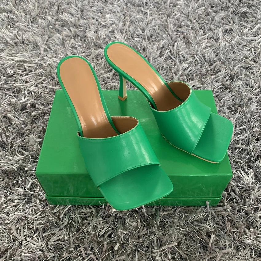 2023 New Summer Women Sandals Square Toe Ladies Heel MulesThin High Heels Sandals Slippers Female Fashion Woman Shoes