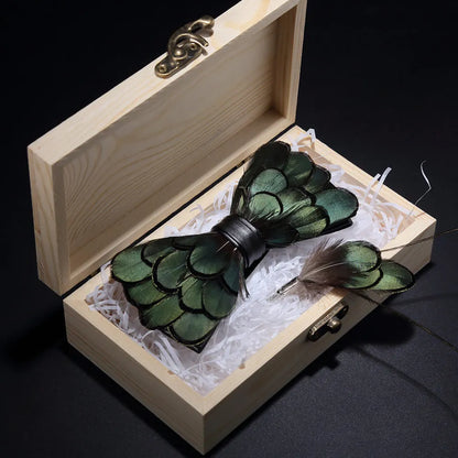 KAMBERFT Design Handmade Feather Bow Tie Brooch Wooden Box Set High Quality Men's Bowtie Leather Tie for Wedding Party Banquet