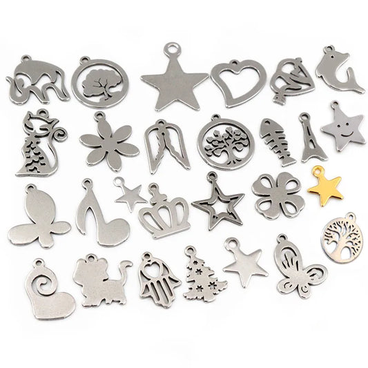 30pc/Lot 316 Stainless Steel Five-Pointed Star Cute Necklace Pendant Charms Small Cat Dolphin Fish Charms for DIY Jewelry Making