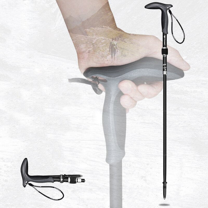 Pioneer 1 Pcs T Handle Trekking Pole Carbon Fibre Hiking Cane Matte Black 5 Sections Ultralight Portable Walking Sticks Outdoor