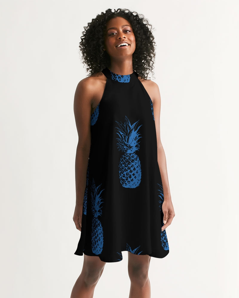 Women's Black Pineapple Casual Halter Dress
