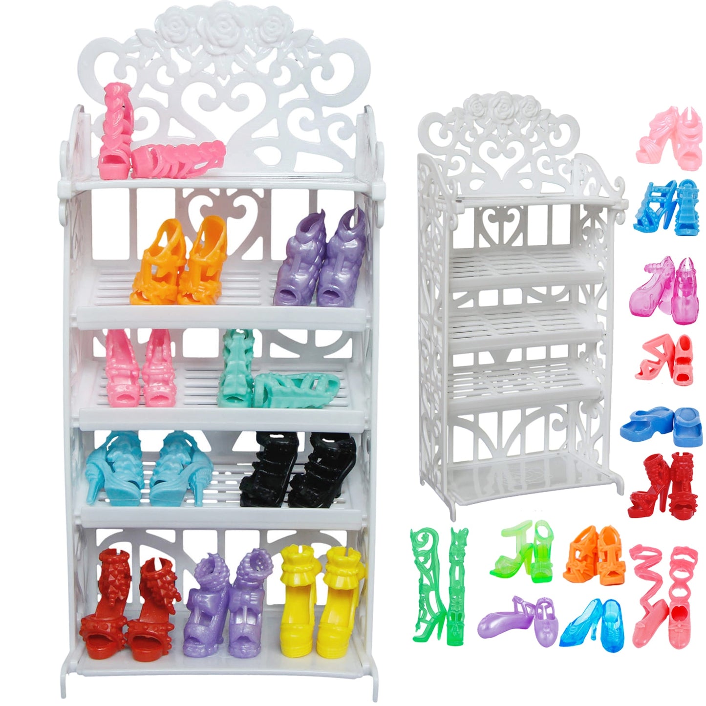 1x Plastic White Doll Shoes Rack / Random 12 Pairs Shoes Dollhouse Furniture Accessories for Barbie Doll Kids Toy