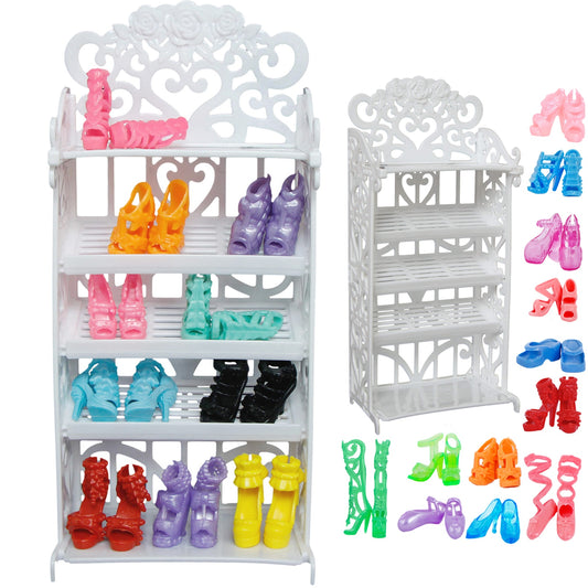 1x Plastic White Doll Shoes Rack / Random 12 Pairs Shoes Dollhouse Furniture Accessories for Barbie Doll Kids Toy