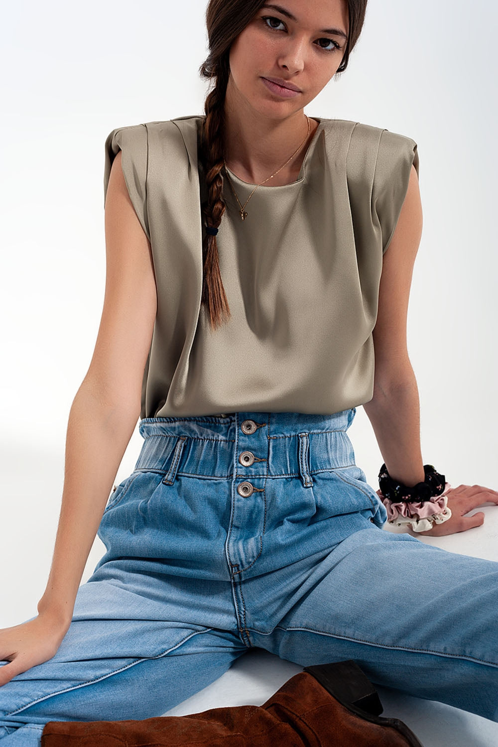 Gathered Satin Shoulder Pad Sleeveless Top in Green