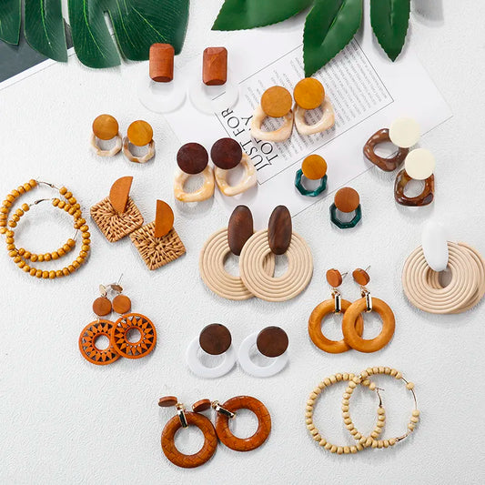 AENSOA Multiple 27 Style Korea Handmade Wooden Straw Weave Rattan Vine Braid Drop Earrings New Geometric Long Earrings