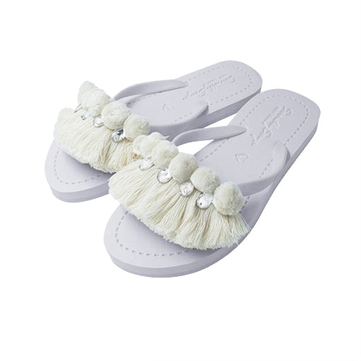 White Pom Pom Fringe - Embellished Flat Flip Flops Sandal