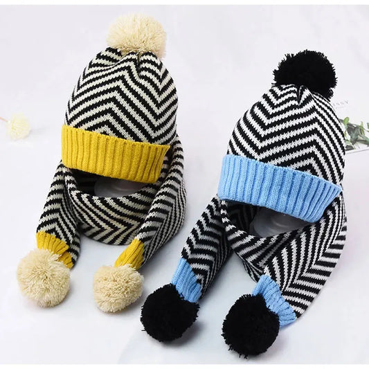 Winter Kid Warm Knit Hat and Scarf Child Patchwork Stripe Hat 2 Piece Set Boy Girls Ear Protection Cap With Pom Pom Scarves