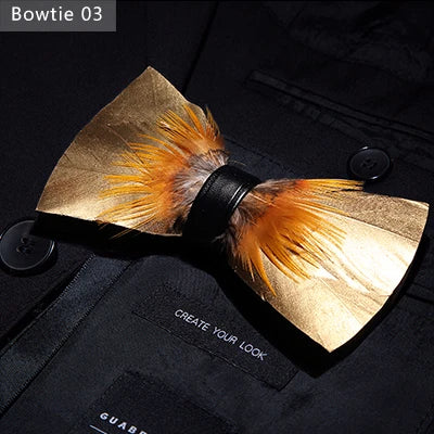 JEMYGINS Bowtie Natural Brid Feather Exquisite Hand Made Men Bow Tie Brooch Pin