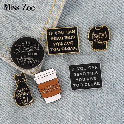 Introvert Loner Loser Club Enamel Pins Autism Badges Custom Cat Brooches Bag Clothes Lapel Pin Punk Black White Jewelry