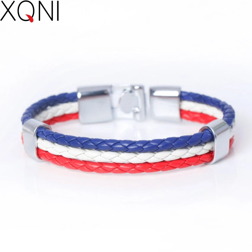 XQNI Fashion National Spain Flag ID Leather Bracelet Trendy Braided Surfer Bandage Charm Sporty Bracelets for Men Women Bangles
