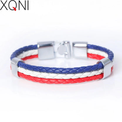 XQNI Fashion National Spain Flag ID Leather Bracelet Trendy Braided Surfer Bandage Charm Sporty Bracelets for Men Women Bangles