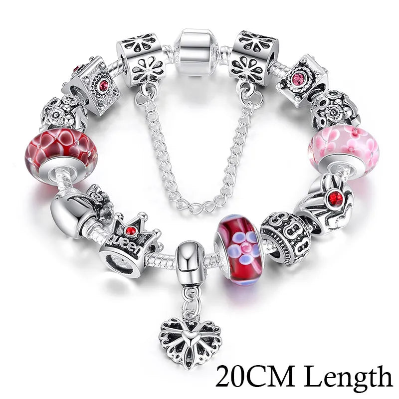 BAMOER Queen Jewelry Silver Plated Charms Bracelet & Bangles With Queen Crown Beads Bracelet for Women PA1823