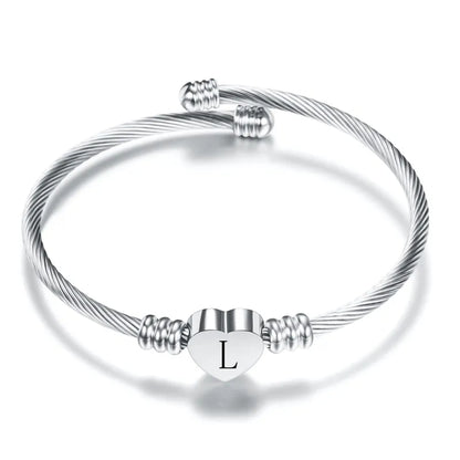 Heart Charm Bangle With Initial Alphabet Letter Engrave High Quality Women Jewelry Cuff Bangles Party