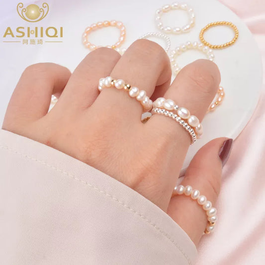 ASHIQI 3-4mm Mini Small Natural Freshwater Pearl Couple Rings Real 925 Sterling Silver Jewelry for Women