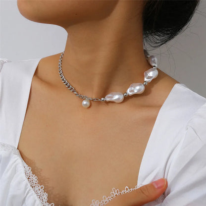 Ingemark Fashion Multilayer White Imitation-Pearl Choker With Metal Slice Fixation Wide Bib Necklace Jewelry for Charm Women
