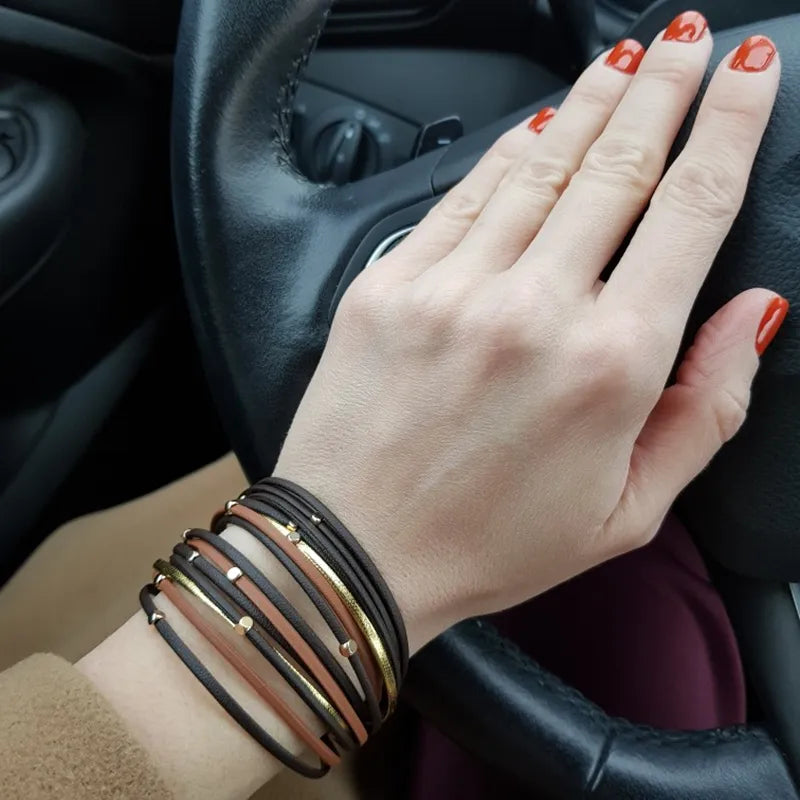 ALLYES Metal Beads Leather Bracelets for Women 2023 Slim Strips Boho Multilayer Wide Wrap Bracelet Femme Jewelry