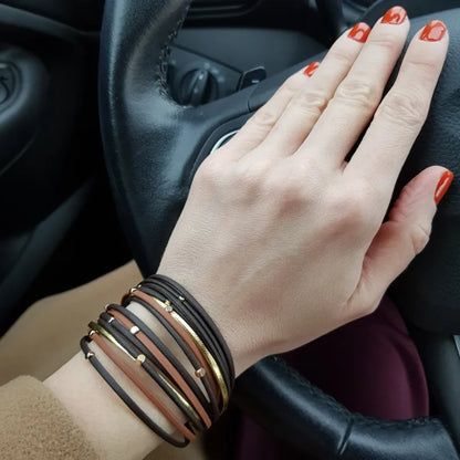ALLYES Metal Beads Leather Bracelets for Women 2023 Slim Strips Boho Multilayer Wide Wrap Bracelet Femme Jewelry