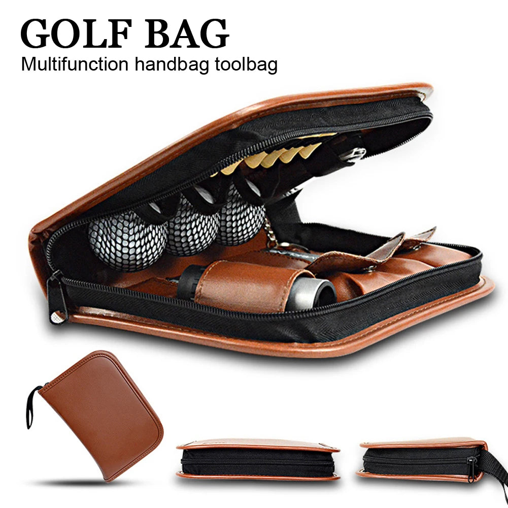 1PC Golf Bag Artificial/Faux Leather Golfer's Set Tool Kit Carrying Range Finder Knife Brush Ball Clip Tee Score Brown New