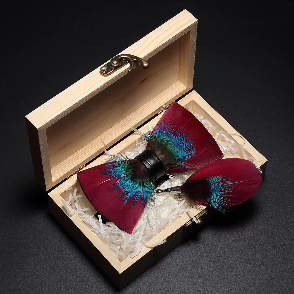 KAMBERFT Design Handmade Feather Bow Tie Brooch Wooden Box Set High Quality Men's Bowtie Leather Tie for Wedding Party Banquet