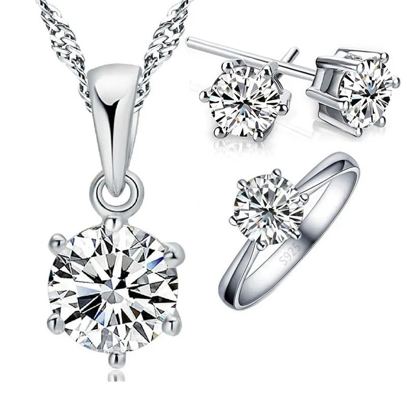 925 Sterling Silver Needle Bridal Jewelry Sets for Women Accessory Cubic Zircon Crystal Necklace Rings Stud Earrings Set