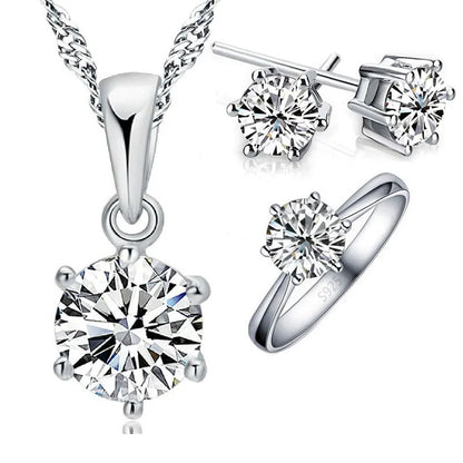 925 Sterling Silver Needle Bridal Jewelry Sets for Women Accessory Cubic Zircon Crystal Necklace Rings Stud Earrings Set