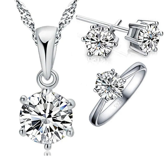 925 Sterling Silver Needle Bridal Jewelry Sets for Women Accessory Cubic Zircon Crystal Necklace Rings Stud Earrings Set