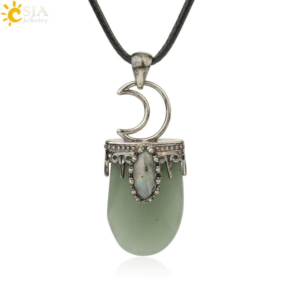 CSJA Natural Stone Crystal Pendants Necklace Antique Silver Color Purple Pink Quartz Necklace Jewelry Crown Moon Charm G274
