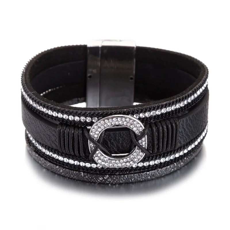 HOCOLE Fashion Gem Rhinestone Magnetic Leather Bracelets & Bangles Bohemian Handmade Multilayer Wrap Jewelry Women Pulseira