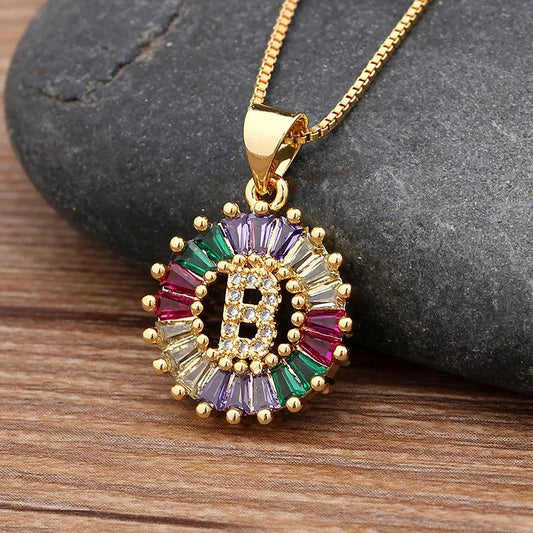 Gold Color Initial Multicolor CZ Necklace Charm Letter Necklace Name Jewelry for Women Accessories Girlfriend