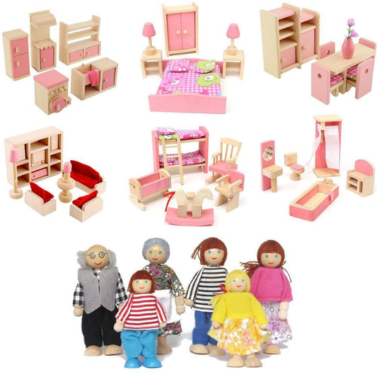 Wooden Dollhouse Furniture Miniature Toy for Dolls Kids Children House Play Toy Mini Furniture Sets Doll Toys Boys Girls