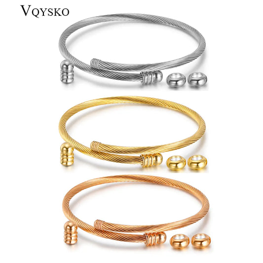 Unisex Elastic Cable Wire Bangle Stainless Steel Bracelet Screw With Removable End Plug Twisted Cuff Charm Beads Fit DIY Jewelry