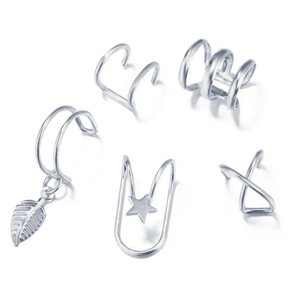 5Pcs/Set Stainless Steel C Shape Cross Clip Ear Cuffs Leaf Ear Clip Earrings for Women No Piercing Fake Cartilage Earring