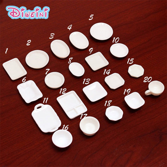10pcs White Plate Dishes Simulation Plates Miniature Pretend Play Kitchen Toys Dinner Tableware Doll House Accessories Kids
