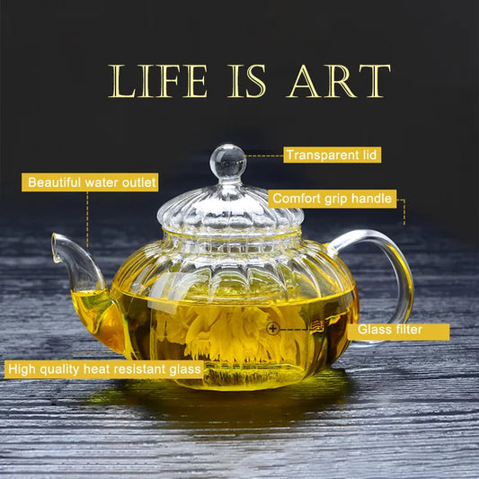Heat Resistant Glass Pot 600ml Striped Pumpkin Shape Flower Teapot Glass Teapot