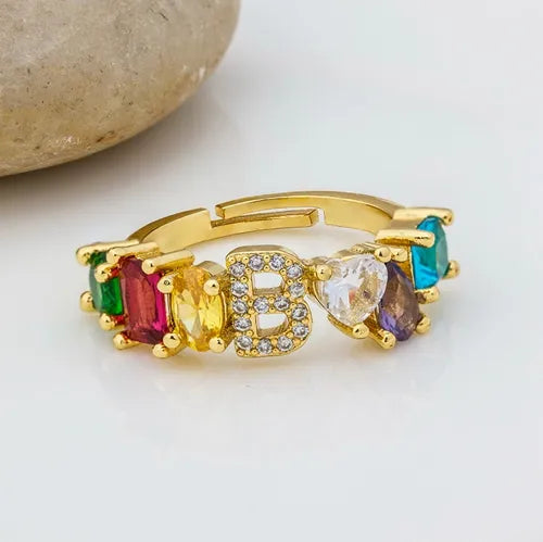 Adjustable A-Z Initial Ring Bohemian Copper Zircon  Rainbow Letter Rings for Women Girls Party Wedding Jewelry