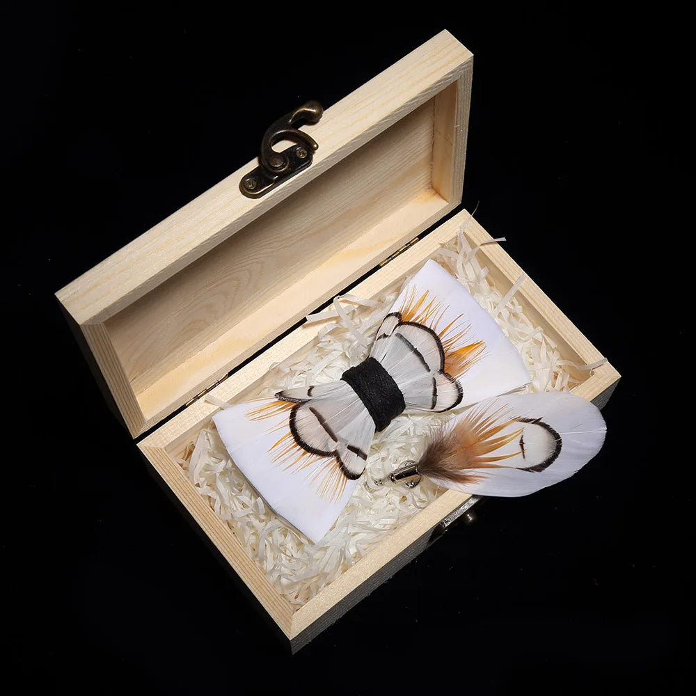 KAMBERFT Design Handmade Feather Bow Tie Brooch Wooden Box Set High Quality Men's Bowtie Leather Tie for Wedding Party Banquet