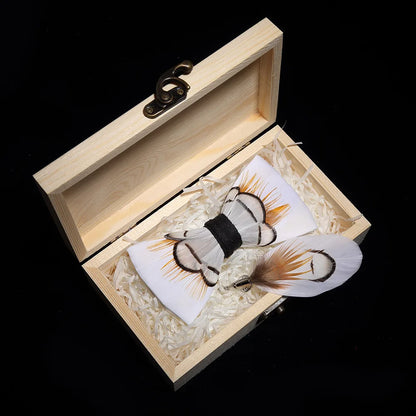 KAMBERFT Design Handmade Feather Bow Tie Brooch Wooden Box Set High Quality Men's Bowtie Leather Tie for Wedding Party Banquet