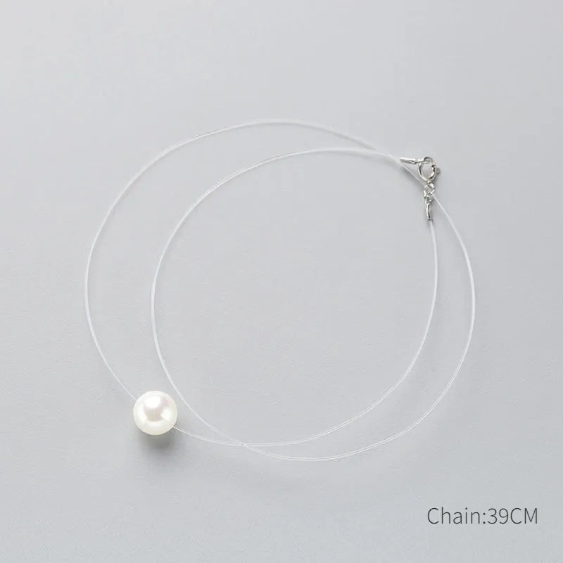 INZATT 925 Sterling Silver Zircon Crystal Pearl Pendant Choker Necklace Transparent Fishing Line 2020 Fine Jewelry for Women
