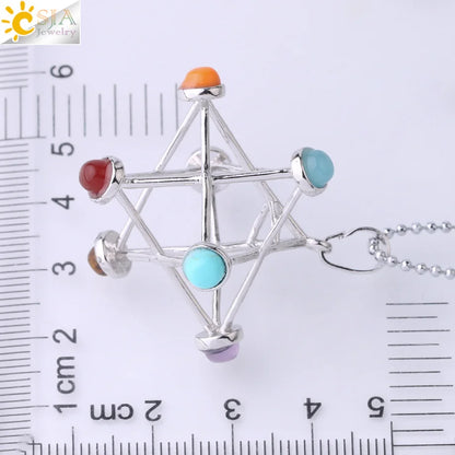 CSJA Merkaba Chakras Pendants Natural Stone Reiki 7 Chakra Necklaces Healing Hollow Star Point Women Men Necklace Pendulo F766