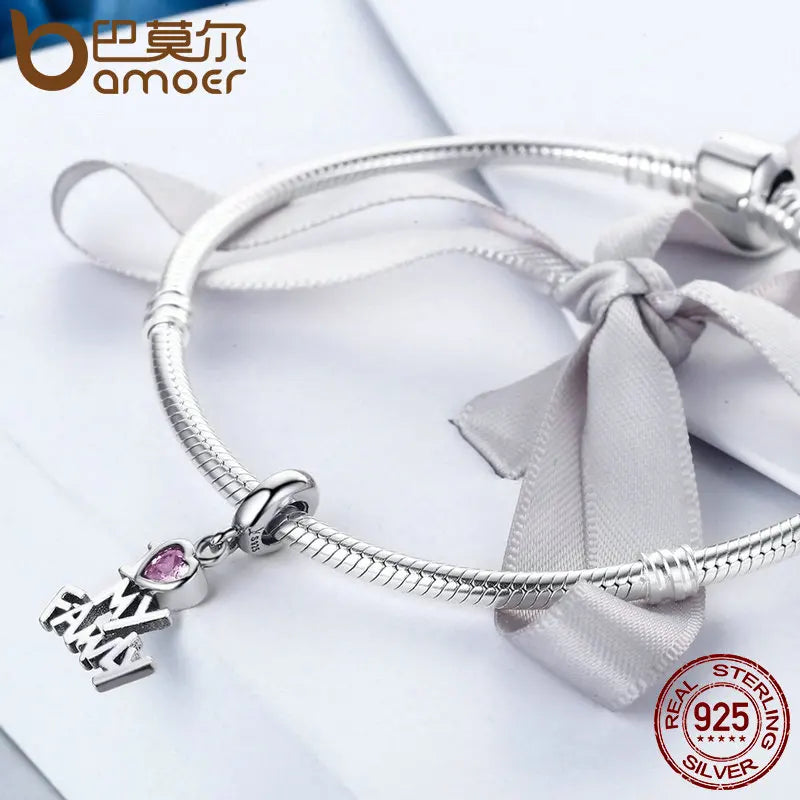 BAMOER 925 Sterling Silver I Love My Family Heart Dangle Charms Fit Women Charm Bracelets Jewelry Family
