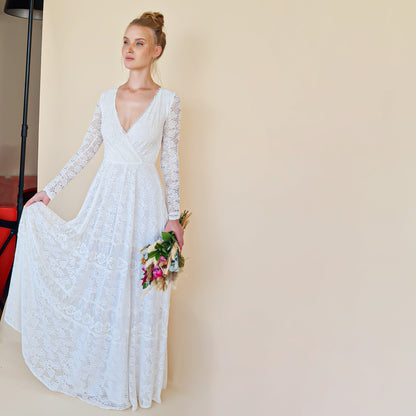 Bohemian Lace Wedding Dress Wrap Neckline With Fringes #1363
