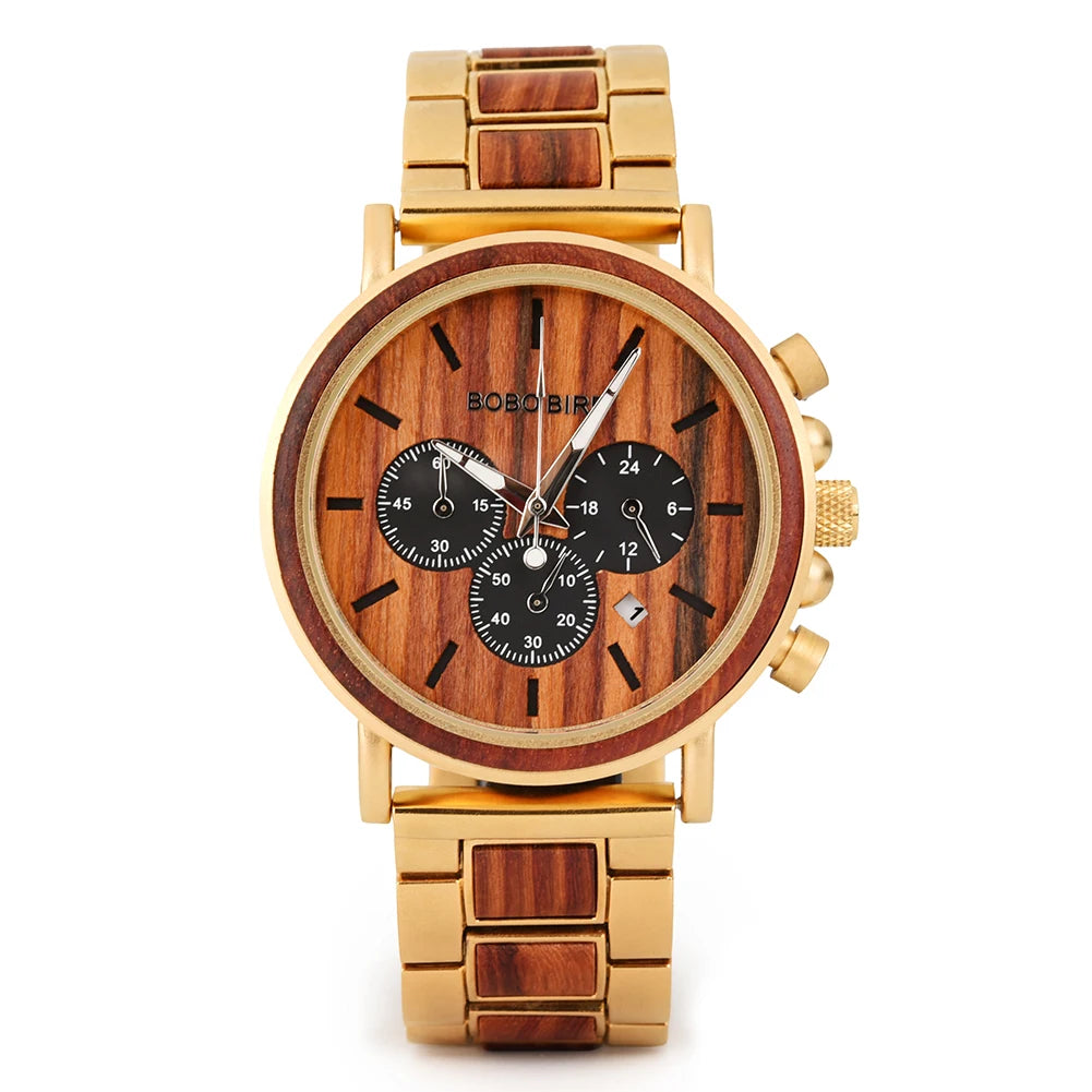 BOBO BIRD Luxury Wood Stainless Steel Men Watch Stylish Wooden Timepieces Chronograph Quartz Watches Relogio Masculino Man
