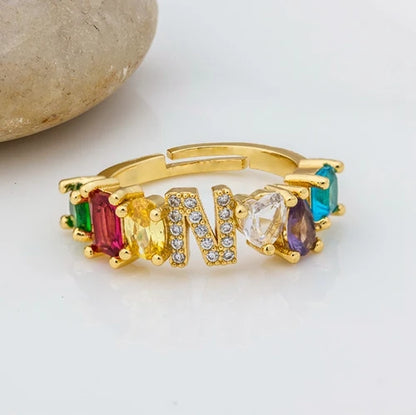 Adjustable A-Z Initial Ring Bohemian Copper Zircon  Rainbow Letter Rings for Women Girls Party Wedding Jewelry