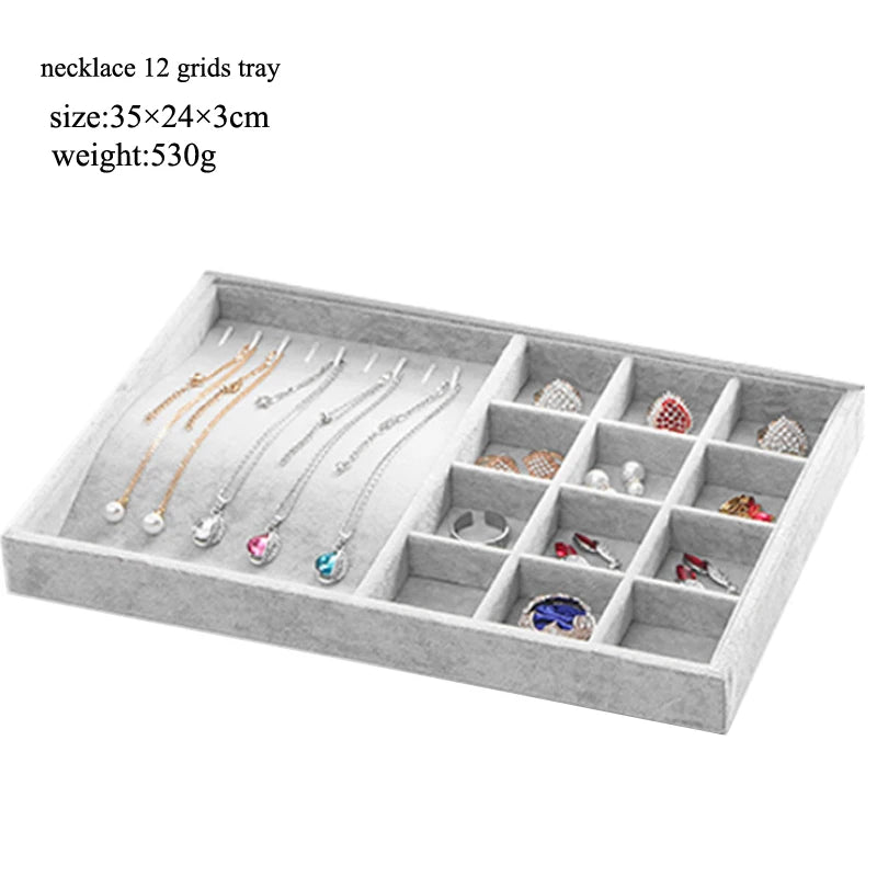 Ice Grey Velvet Jewelry Tray Jewelllery Storage Box Watch Holder Necklace Ring Earrings Pendant Display Organizer Series