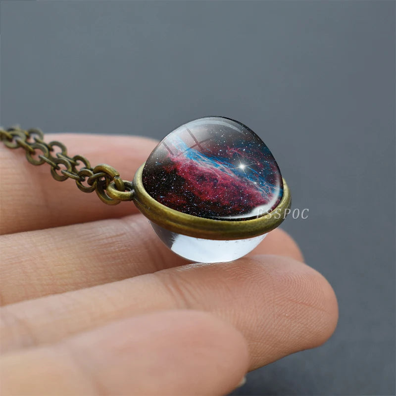 2019 New Glass Ball Galaxy Double Sided Pendant Necklace Universe Planet Jewelry Glass Picture Handmade Statement Necklace