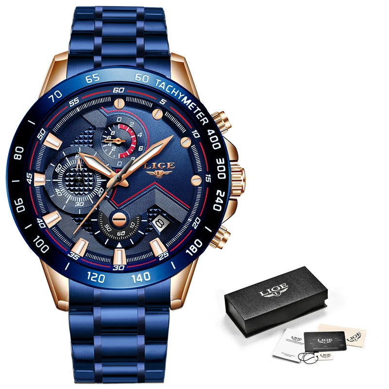 2022 LIGE New Blue Fashion Business Clock Mens Watches Top Brand Luxury All Steel Waterproof Quartz Gold Watch Relogio Masculino