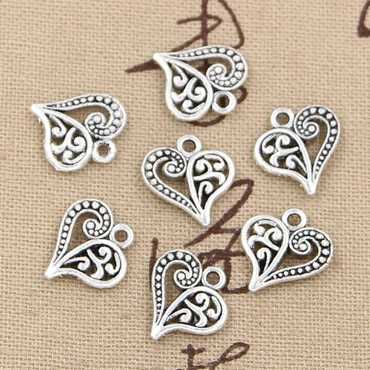30pcs Charms Hollow Lovely Heart 15x14mm Handmade Craft Pendant Making Fit,Vintage Tibetan Bronze Silver Color,DIY for Necklace