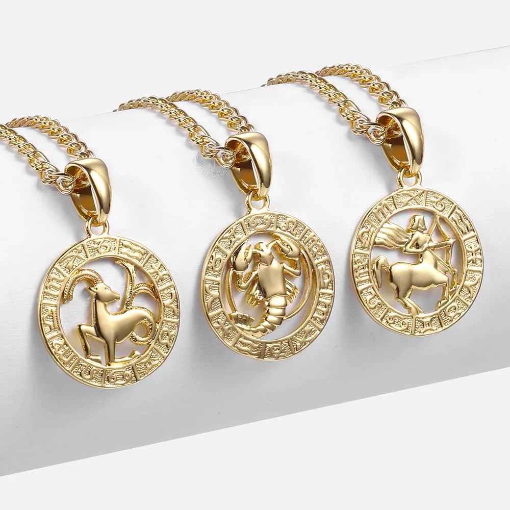 Davieslee Pendant Necklace for Women 12 Zodiac Sign Constellation Yellow Rose Gold Color Womens Necklaces Round Shaped LGPM16